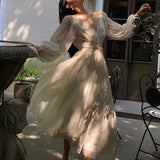 Korean V-neck Pleated Maxi Dresses for Women Ladies Party Fringed Lace Puff Sleeve Ruffled Lady Dreses Elegant