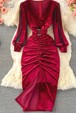 Winter Women Black/Red Draped Bodycon Midi Dress Vintage V-Neck Mesh Patchwork Long Sleeve High Waist Vestidos 2023