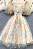 Square Collar Mesh Chiffon Mini Dress Women Floral Short Puff Sleeve High Waist A-Line Vestidos Female Beach New