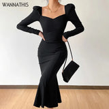 Knitted Women Dress Long Sleeve Square Collar Sexy Ruffle Hem Office Lady Elegant Black Fashion Maxi Robe Female