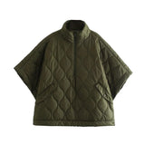 Half Zipper Loose Waterproof Cloak Type Cotton Coat Female Half Sleeve Diamond Lattice Wire Padded