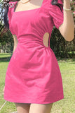 Square Neck Korean Fashion Solid Summer Dress Mini Casual Hollow Out Dresses for Women 2023 Cute Sundress Clothes