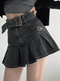 Buckle Belt Pleated Denim Mini Skirt- Outfit