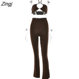 Casual Backless Two Pieces Sets Women Sexy Halter Hollow Out Top Long Flare Pant Suit Party Outfits Strapless