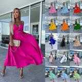 Zingj Summer New Fashion Socialite Deep V Hollow-Out Big Skirt Spread Slit Halter Dress Dress