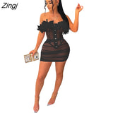 Women Feather Two Piece Set Strapless Shirt + Mini Skirt Dress Sheer Mesh Party NIght Clubwear Dresses For Women