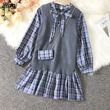 Style Sets Women Retro Plaid Mini Pleated Dress Knitted Vest Spring Autumn Elegant Korean Outfits Sweet Vintage