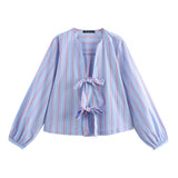 New Bow Trim Striped Silk Collar Shirt