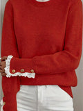 And Winter Women's Sweater Splicing Lace Round Collar Long Sleeve Buckle Knitted Shirt