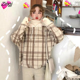 Women Plaid Turtle-neck Hooded Fake Two Pieces Womens Winter Thickening BF Harajuku Hot Sale Kpop Hoodie Ins