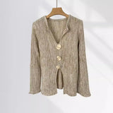 Zingj Mocha Lazy Wind French V Neck Slit Sweater Women's New Autumn Design Sense Top Button