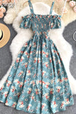 Sexy Slash Neck Spaghetti Strap Midi Dress Women Casual Off Shoulder Short Sleeve Vacation Beach Robe Female
