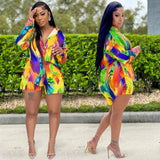 Zingj Fashion Print Casual Style Long Sleeved Shorts 2-Piece Set Women's