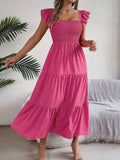 Shooting 2025 Summer Solid Color Square Lead Wood Ear Waist A Word Dress Women's