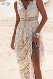 Lace Dresses Women Sexy Deep V Neck Long Dress Ladies Elegant Hollow Out Seleeveless Maxi Dress Boho Robe Femme 211-0-Outfit