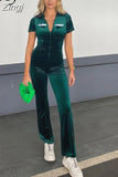 Autumn Casual Velvet Jumpsuit for Women Turn Down Collar Short Sleeves Zipper Straight Slim Outfits High Streetwear
