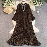 Elegant Dress Women Fashion Nail Drill Hollow Round Long Sleeves Loose Thin Leopard Embossed