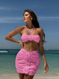 2024 New Sexy Rose Slings Solid Three-Piece Set Swimsuit