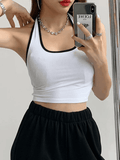 Contrast Trim Cropped Halter Tank Top-Outfit