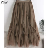 Midi Long Pleated Tulle Skirt Women 2023 Winter Korean Fashion Irregular 3 Layers Mesh A Line High Waist Skirt