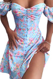 Women Summer Dress Sexy V Neck Floral Print Boho Beach Dress Split Off the Shoulder A Line Mini Sundress Robe