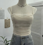Thai-Style Small Design Mesh Yarn Draw-Folded Breast Sling Sling With Bra Cushion Short Sleeveless Top