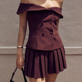 Zingj Spring New Sexy Pure Desire Temperament Double-Breasted One-Word Shoulder Dress Pleated Skirt