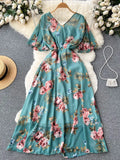 Women Floral Dress Vintage Red/Blue/Pink/White Sexy V-Neck Short Flare Sleeve High Waist Elegant A-Line Vestidos 2023