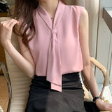 Women's Shirt Pink Ribbon Blouses for Women Sleeveless Summer Shirts Female Top V-neck Blouse Tops Female 2023 Woman Basic