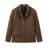 Casual Clip Jacket Brown Solid Color Single-Sleeve-Buckle Suede