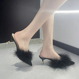 Large-Size Hairy High Heel Shoes Female Tip Fine Heel Bun Head Half Drag Sexy Fashion Wear Cold
