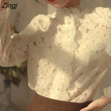 Shirts Women Temperament French Vintage Stand Collar Long Sleeve Casual Office Lady All-match Tops Elegant Autumn
