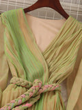 Autumn Women Mesh Pleated Long Dress Vintage Pink/Yellow/Brown V-Neck Flare Sleeve Draped Maxi Vestidos With Belt