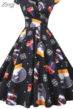 Print Vintage Christmas Dress Women Winter Big Swing Elegant Short Sleeve V Neck Sexy New Year Party