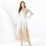 Suit Women's Long-Sleeved Print Chiffon Top High-Waist Long Skirt Two-Set