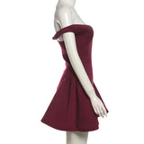 Burgundy Off-shoulder Plunge Backless Mini Dress- Outfit