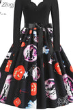 Women Halloween Christmas Party Dress Long Sleeve V Neck Pumpkin Print Vintage Casual A-line Dresses Vestidos