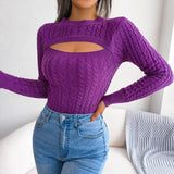 Elegant Women Front Cutout Hollow Out Knitted Pullovers Tops Fashion Long Sleeve Ruched Round Neck Slim Fit