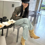 New Brown Western Cowboy Boots Women's Velvet Face Thin Folding Pile Boots V Mouth Thick And Medium Cylinder Short