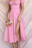 Off Shoulder Dress Women Puff Short Sleeve White Dresses Female Cut out Tie up Side Split Ruched Elegant Long