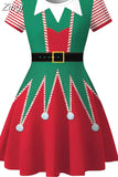 Dress Women Casual Elegant Print Red Xmas Party Dress Vintage Retro O-neck Short Sleeve A-Line Vestidos Robe