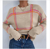 Autumn And Winter New Lattice Color Collar Sweater Women Casual Long-Sleeved Round Collar Collar Knitted