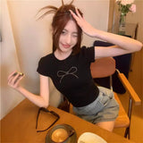 Zingj Summer Hot Girls Short Sleeve T-Shirt Women's Crop Black Bow Hot Diamond Slim Short Top