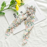 Bow Long Ribbon Hair Scrunchie Chiffon Floral Print Sweet Elastic Hair Band Ponytail Hair Scarf Hair Tie Hair