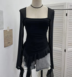 Shooting Collar Low-Breast Sexy Mesh Yarn Long-Sleeved Top Irregular Ribbon To Repair Hottie T-Shirt
