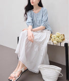 Blue Shirt Women's Round Collar 2025 Summer Dress New French Commuting Shirt Casual Loose Mid-Sleeve Top