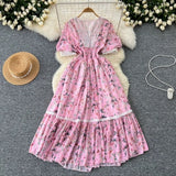 Dress Women's Summer High-End Feeling V-Neck Lace Splicing Bubble Sleeves To Close The Waist Of The Chopped Snowy