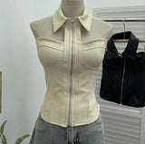 Shot With Chest Pad Hanging Neck Sling Vest Babes Design Pu Skin Tight Short Sleeveless Top Woman