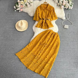 Luxury Retro Temperament Female Short-Sleeved Single Buckle Shirt High-Rise Half-Dress Two Sets Of Lace Fashion