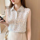 Women's Blouse Floral Elegant Shirt Sleeveless Tank Tops Blouses Chiffon Female Clothing Office Lady Shirts and